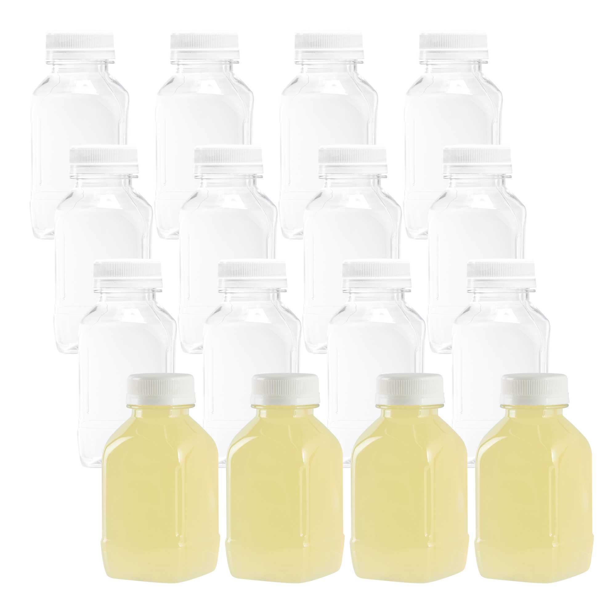 Bottle Tek 8 oz Square Clear Plastic Cold Pressed Juice Bottle - with Safety Cap - 2 1/4" x 2 1/4" x 4 3/4" - 300 count box