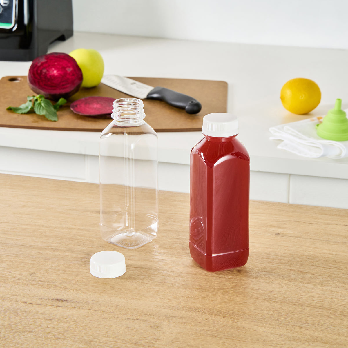 Bottle Tek 16 oz Square Clear Plastic Cold Pressed Juice Bottle - with Safety Cap - 2 1/4" x 2 1/4" x 7" - 100 count box
