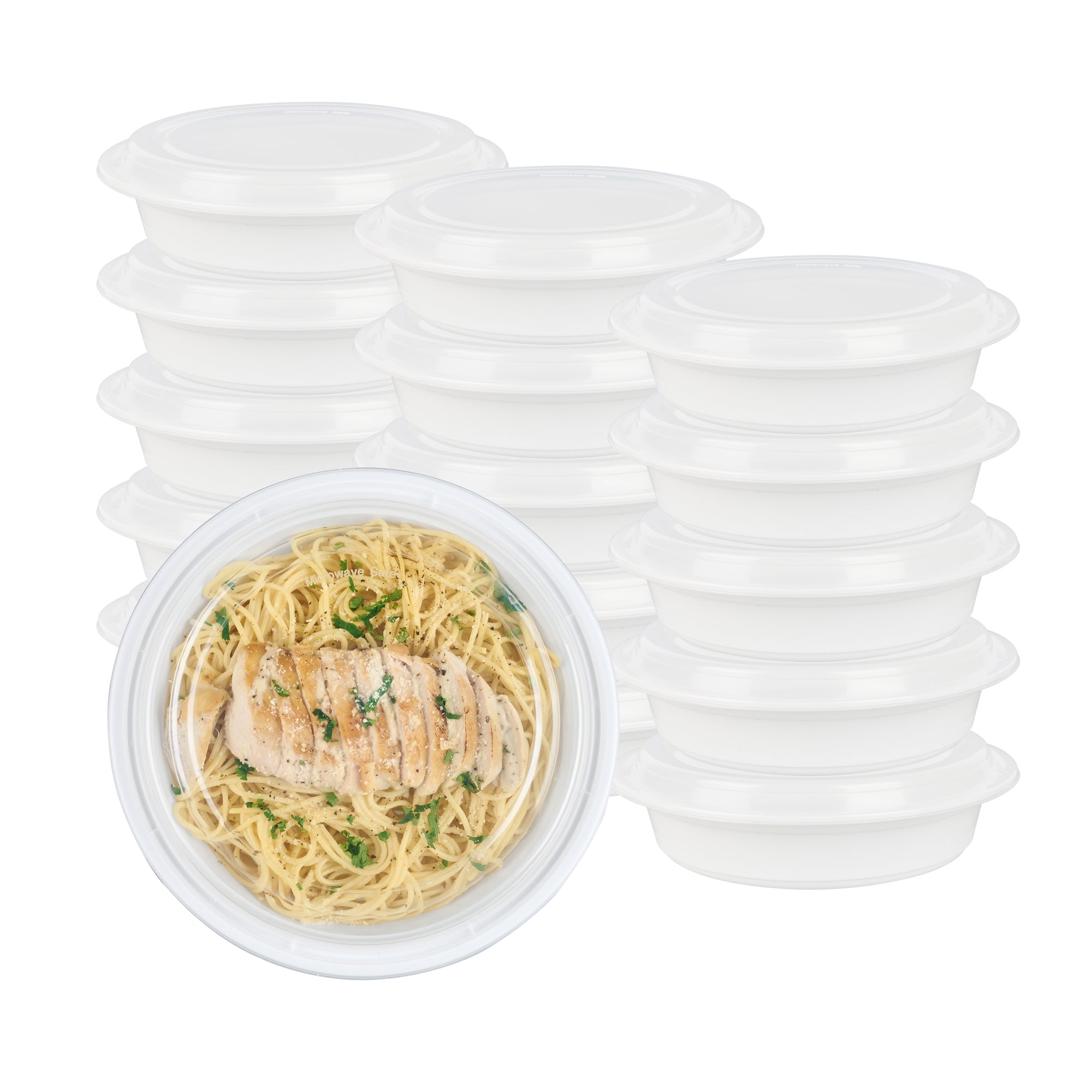 Asporto 48 oz Round White Plastic To Go Box - with Clear Lid, Microwavable - 9" x 9" x 1 3/4" - 50 count box