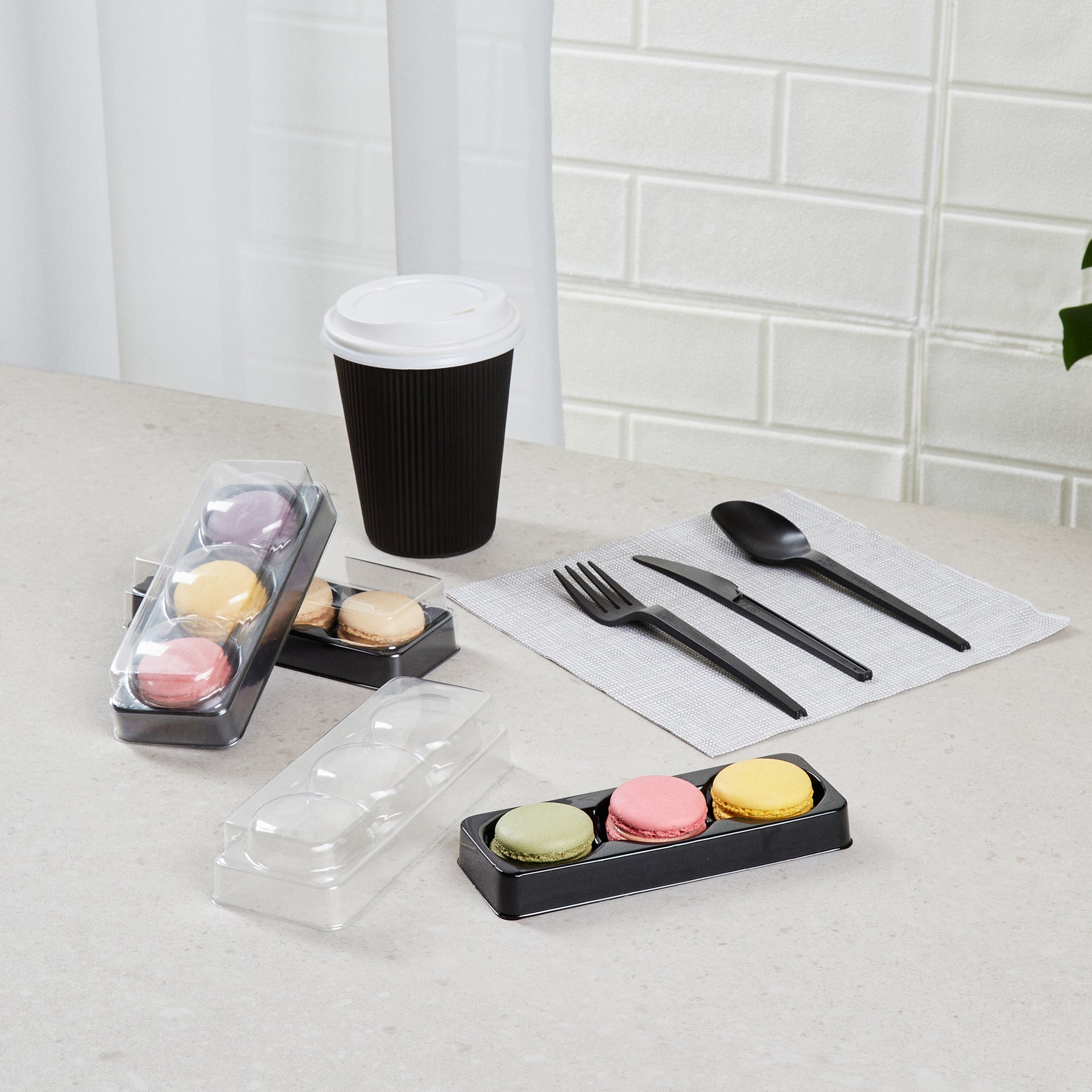 Shock Safe Rectangle Black Plastic Macaron Take Out Box - Fits 3 Macarons - 5 3/4" x 2 1/4" x 1 1/2" - 100 count box