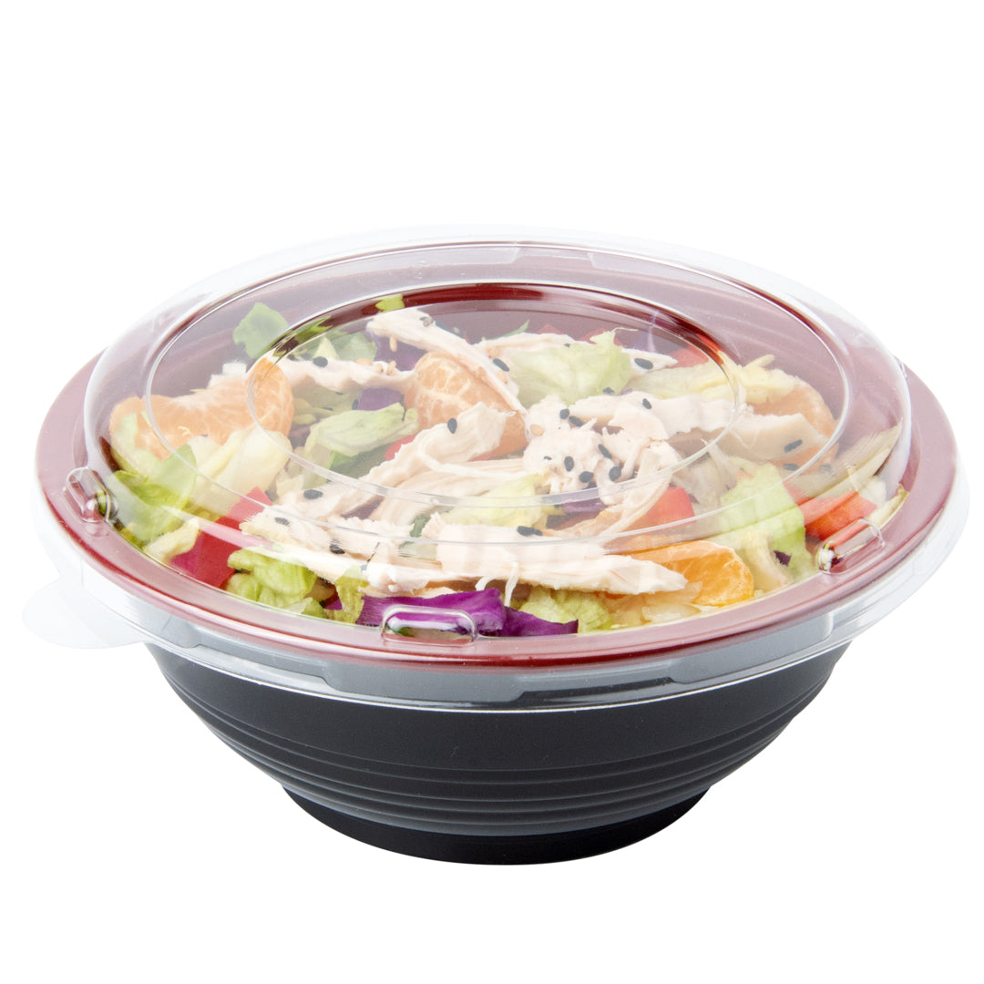 Bento Tek 18 oz Round Black and Red Plastic Small Asian Panda Bowl - with Clear Lid, Microwavable - 6" x 6" x 2 1/2" - 200 count box