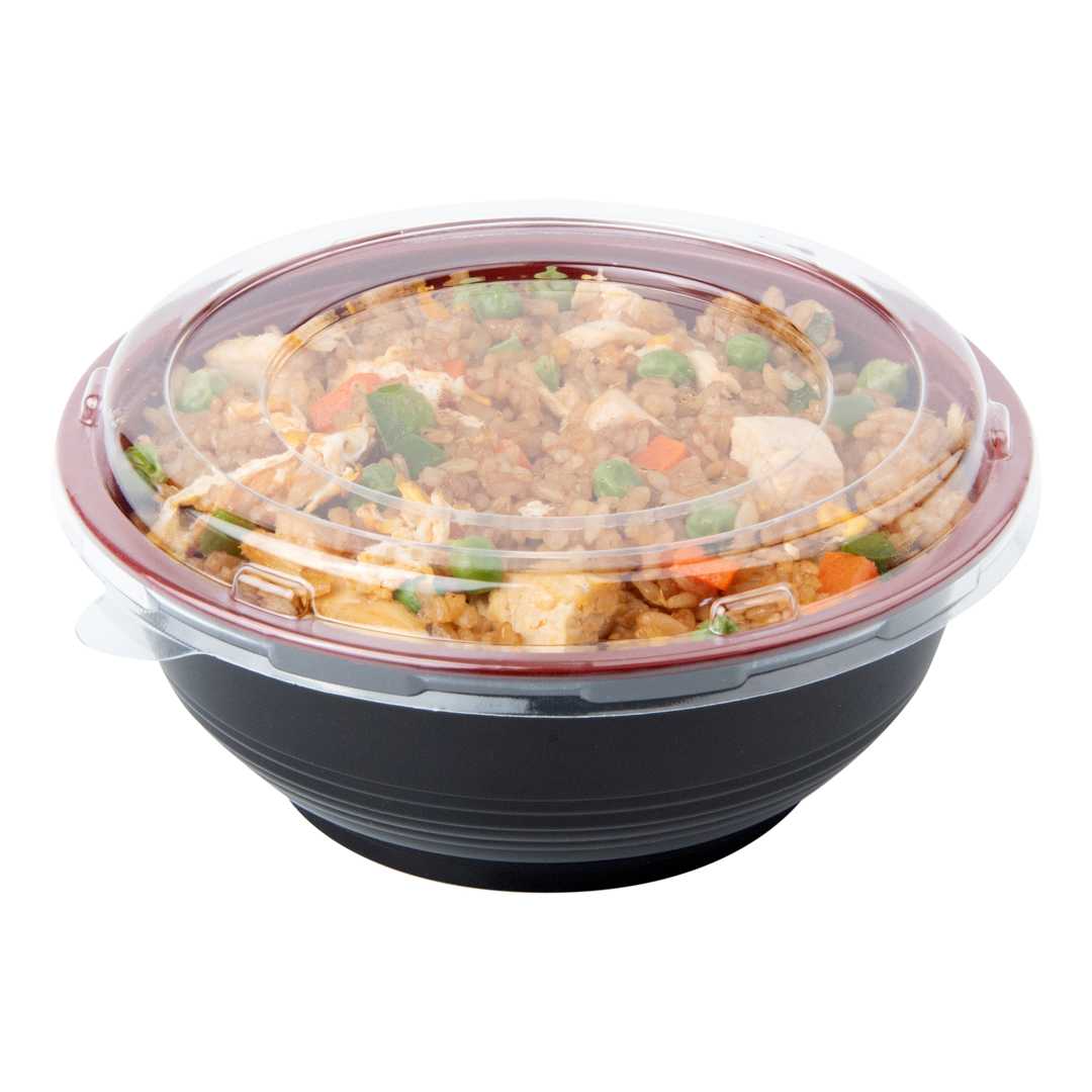 Bento Tek 24 oz Round Black and Red Plastic Medium Asian Panda Bowl - Clear Lid, Microwavable - 6 1/2" x 6 1/2" x 2 1/2" - 200 count box