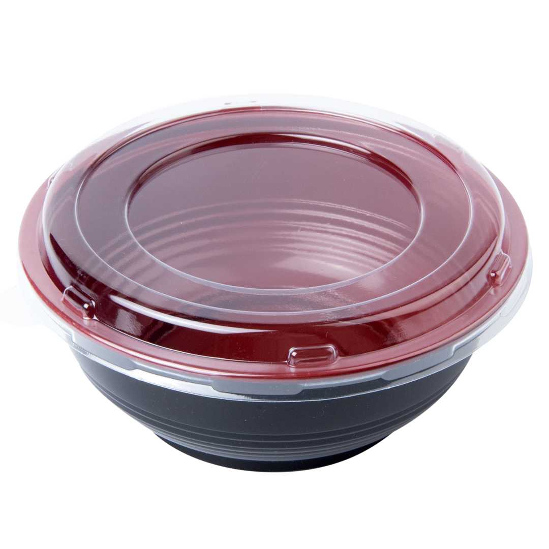 Bento Tek 24 oz Round Black and Red Plastic Medium Asian Panda Bowl - with Clear Lid, Microwavable - 6 1/2" x 6 1/2" x 2 1/2" - 25 count box