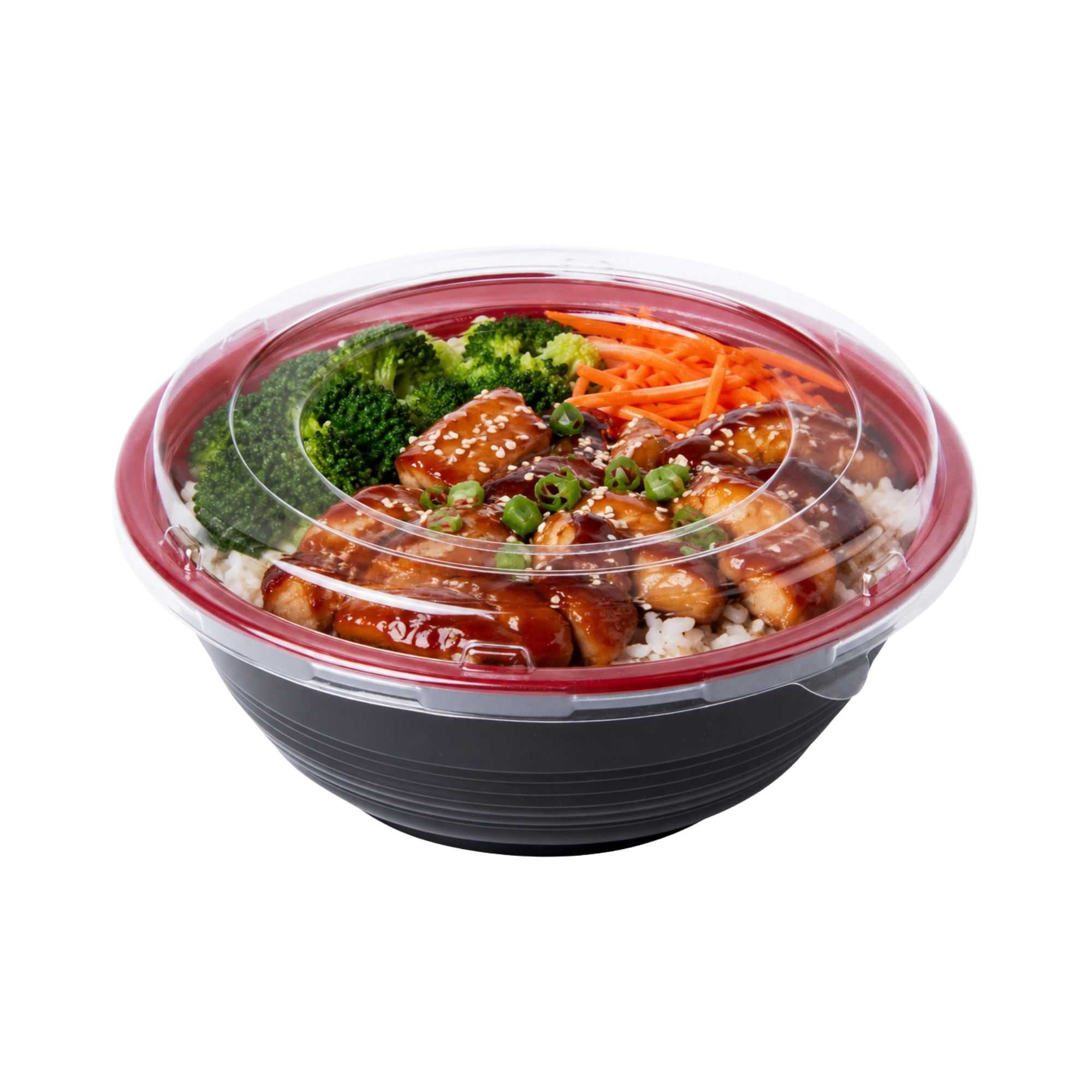 Bento Tek 34 oz Round Black and Red Plastic Large Asian Panda Bowl - with Clear Lid, Microwavable - 7 1/4" x 7 1/4" x 2 3/4" - 200 count box