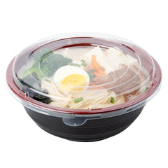 34 oz Round Black and Red Plastic Large Asian Panda Bowl - with Clear Lid, Microwavable - 7 1/4