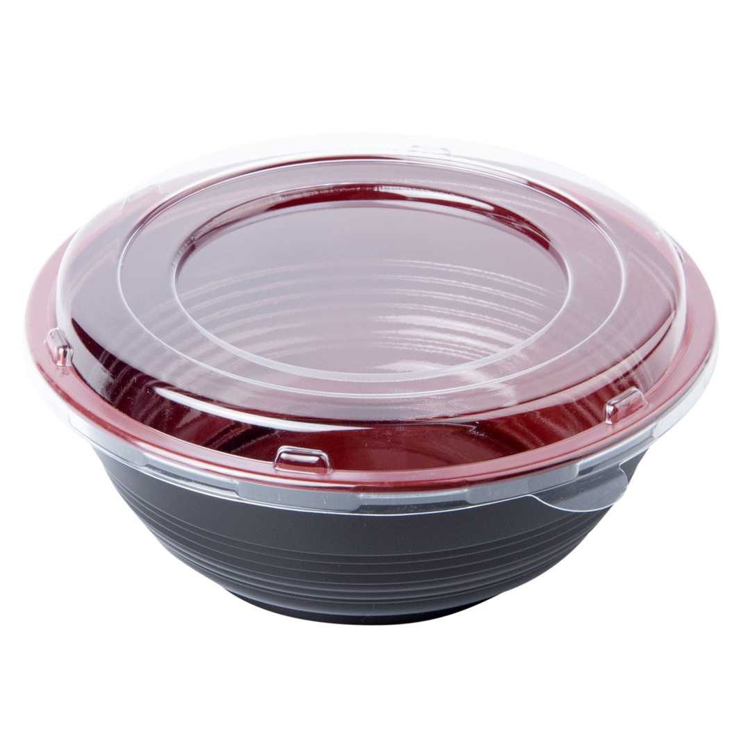 Bento Tek 34 oz Round Black and Red Plastic Large Asian Panda Bowl - with Clear Lid, Microwavable - 7 1/4" x 7 1/4" x 2 3/4" - 25 count box