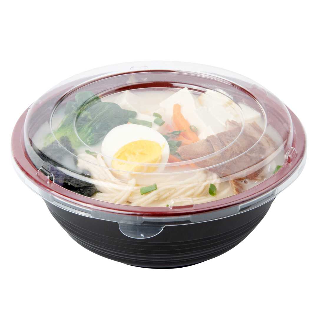 Bento Tek 34 oz Round Black and Red Plastic Large Asian Panda Bowl - with Clear Lid, Microwavable - 7 1/4" x 7 1/4" x 2 3/4" - 25 count box