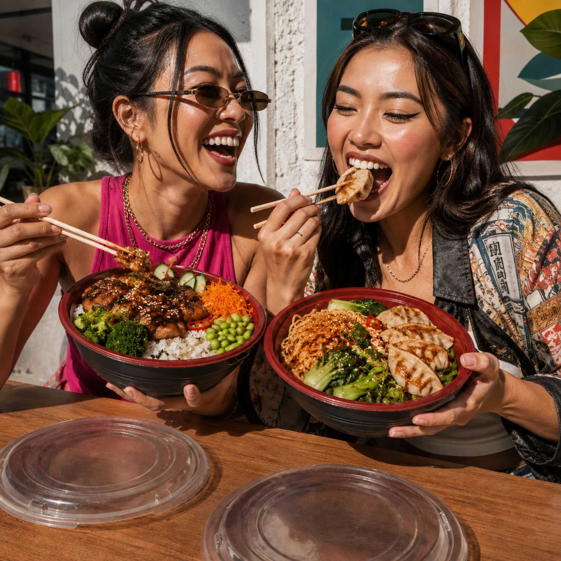 Bento Tek 34 oz Round Black and Red Plastic Large Asian Panda Bowl - with Clear Lid, Microwavable - 7 1/4" x 7 1/4" x 2 3/4" - 200 count box