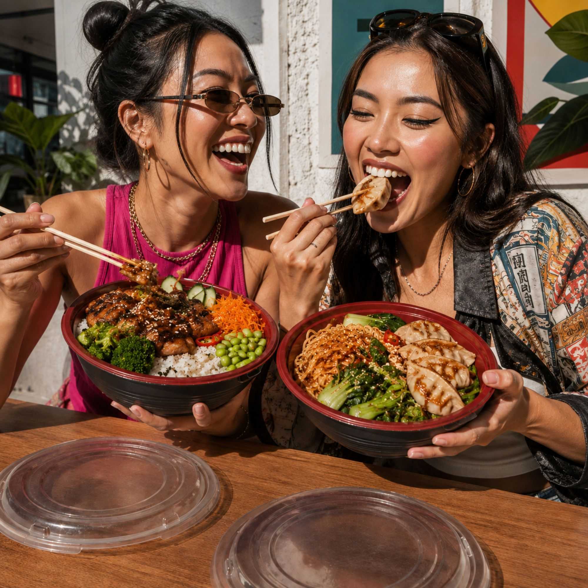 Bento Tek 34 oz Round Black and Red Plastic Large Asian Panda Bowl - with Clear Lid, Microwavable - 7 1/4" x 7 1/4" x 2 3/4" - 200 count box