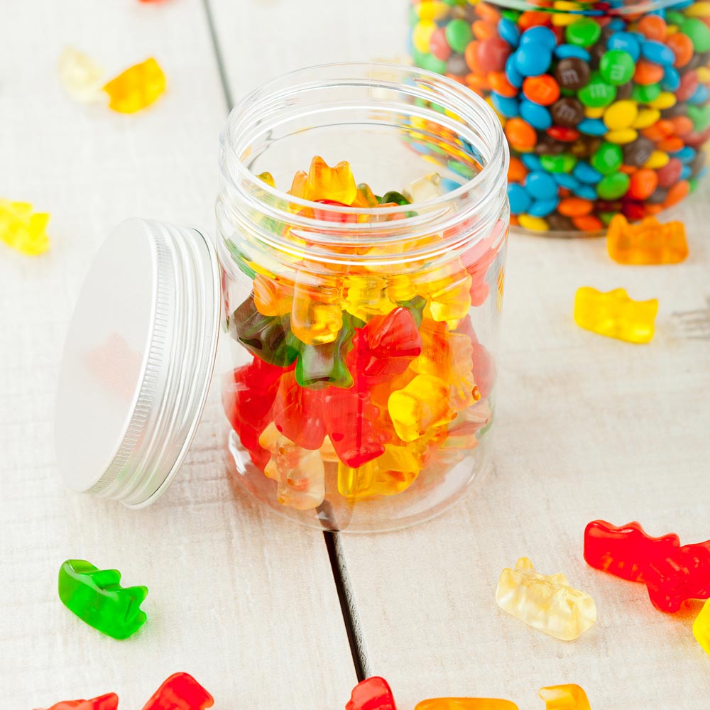 Mini Serve 9 oz Round Clear Plastic Candy and Snack Jar - with Aluminum Lid - 2 3/4" x 2 3/4" x 3 1/4" - 100 count box