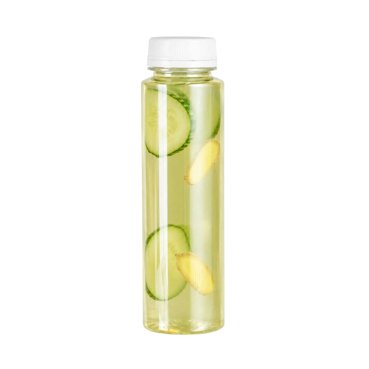 Bottle Tek 8 oz Round Clear Plastic Cold Pressed Juice Bottle - with Safety Cap - 2" x 2" x 6 3/4" - 100 count box