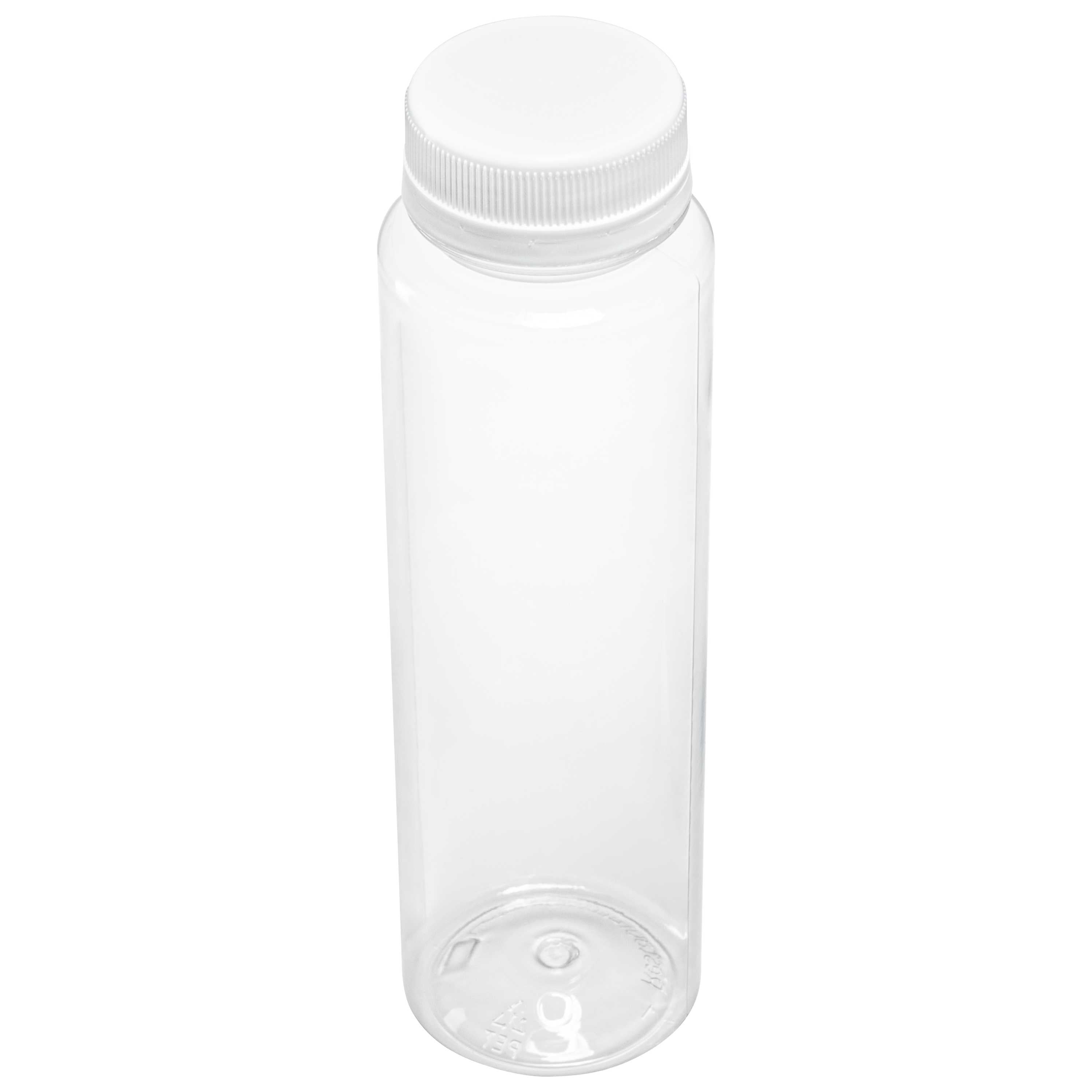 Bottle Tek 8 oz Round Clear Plastic Cold Pressed Juice Bottle - with Safety Cap - 2" x 2" x 6 3/4" - 300 count box