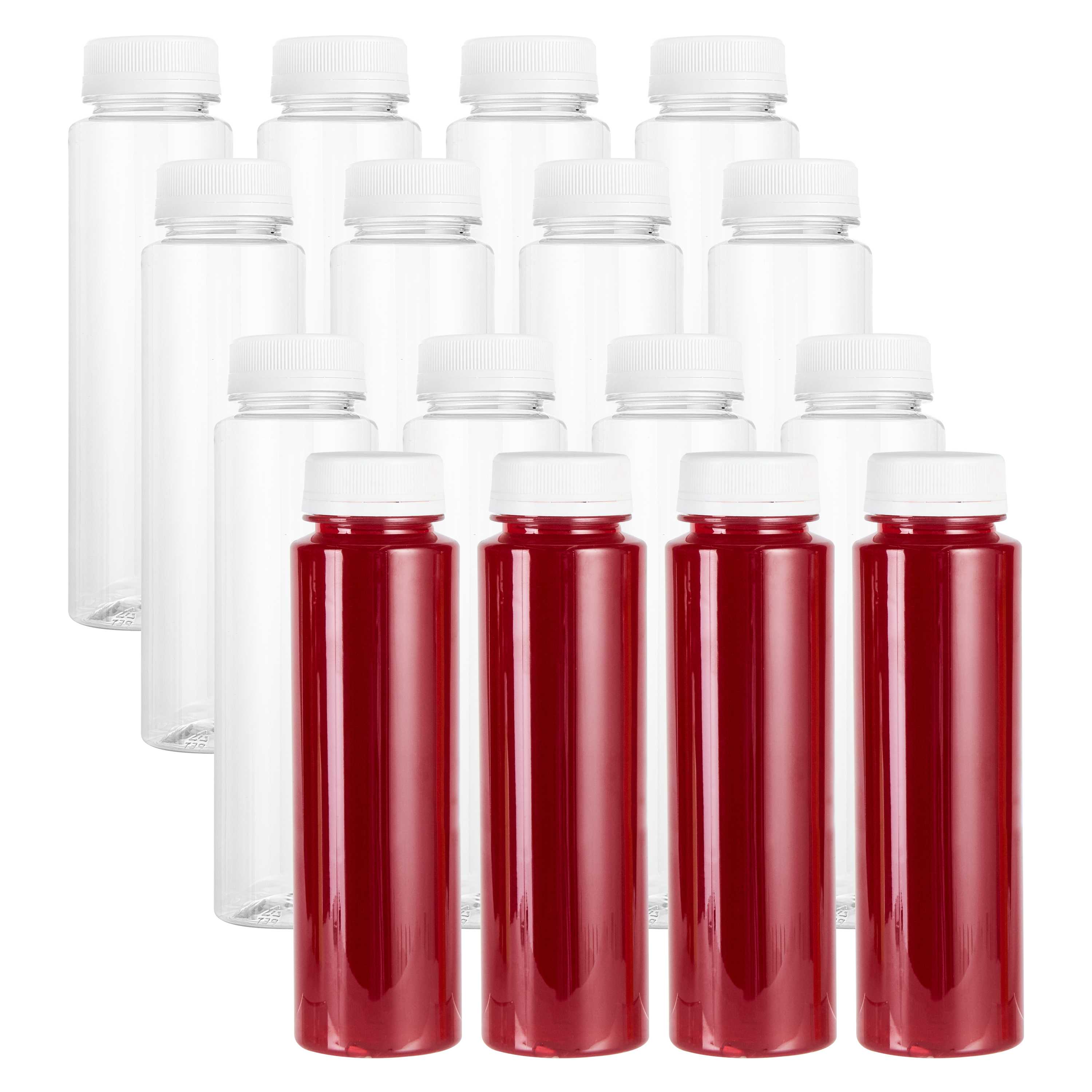 Bottle Tek 8 oz Round Clear Plastic Cold Pressed Juice Bottle - with Safety Cap - 2" x 2" x 6 3/4" - 300 count box