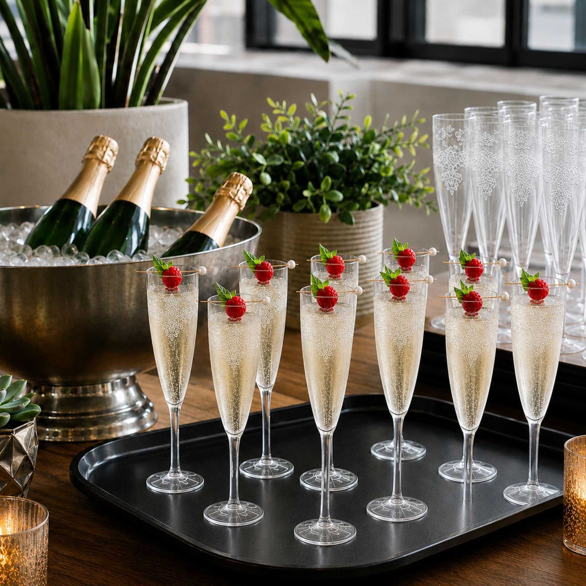 Bev Tek 4 oz Clear Plastic Wedding Champagne Flute - 1-Piece - 7 1/2" x 2 1/4" x 2 1/4" - 100 count box