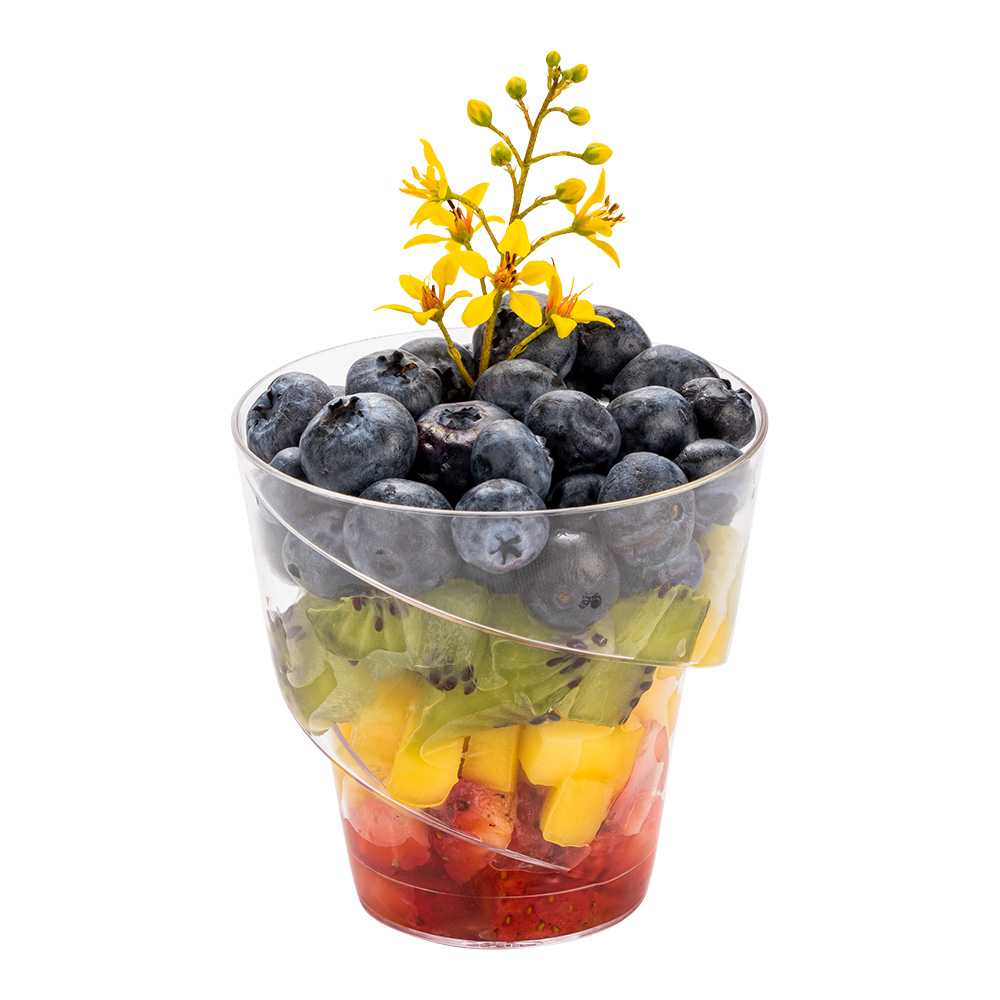 Mini Serve 5 oz Round Clear Plastic Mini Flourish Cup - 2 3/4" x 2 3/4" x 2 3/4" - 25 count box
