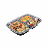 Asporto 26 oz Black Plastic 3 Compartment Food Container - with Clear Lid, Microwavable - 8 3/4" x 6" x 1 3/4" - 100 count box
