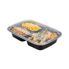 Asporto 26 oz Black Plastic 3 Compartment Food Container - with Clear Lid, Microwavable - 8 3/4