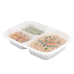 Asporto 26 oz White Plastic 3 Compartment Food Container - with Clear Lid, Microwavable - 8 3/4
