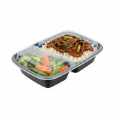 Asporto 32 oz Black Plastic 2 Compartment Food Container - with Clear Lid, Microwavable - 8 3/4" x 6" x 2" - 100 count box