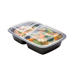 Asporto 32 oz Black Plastic 2 Compartment Food Container - with Clear Lid, Microwavable - 8 3/4