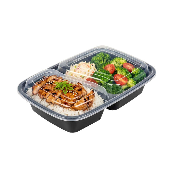 Asporto 32 oz Black Plastic 2 Compartment Food Container - with Clear Lid, Microwavable - 8 3/4