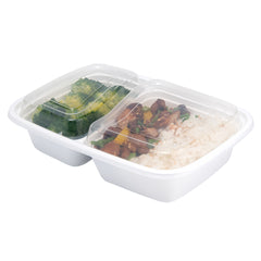 Asporto 32 oz White Plastic 2 Compartment Food Container - with Clear Lid, Microwavable - 8 3/4