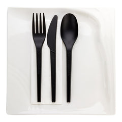 Basic Nature Black CPLA Plastic Cutlery Set - White Napkin, Heat-Resistant, Compostable - 8 3/4