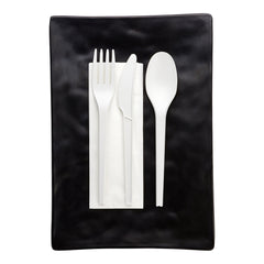 Basic Nature White CPLA Plastic Cutlery Set - White Napkin, Heat-Resistant, Compostable - 8 3/4