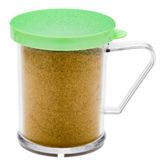 RW Base 10 oz Clear Polycarbonate Dredge Spice Shaker - with Green Extra Fine Lid - 4 3/4