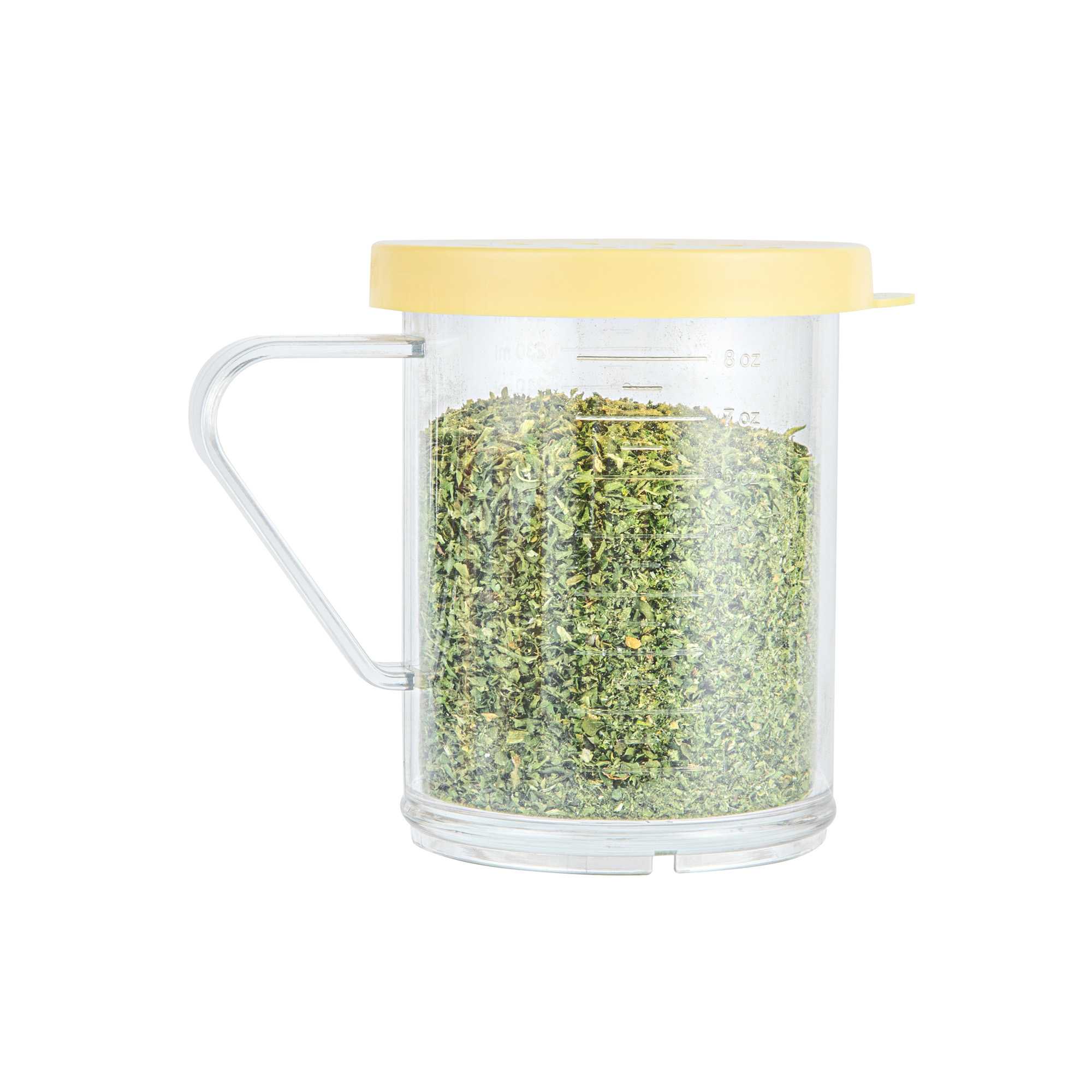 Chef 101 10 oz Clear Polycarbonate Dredge Spice Shaker - with Yellow Coarse Lid - 4 3/4" x 3 1/4" x 4" - 72 count box