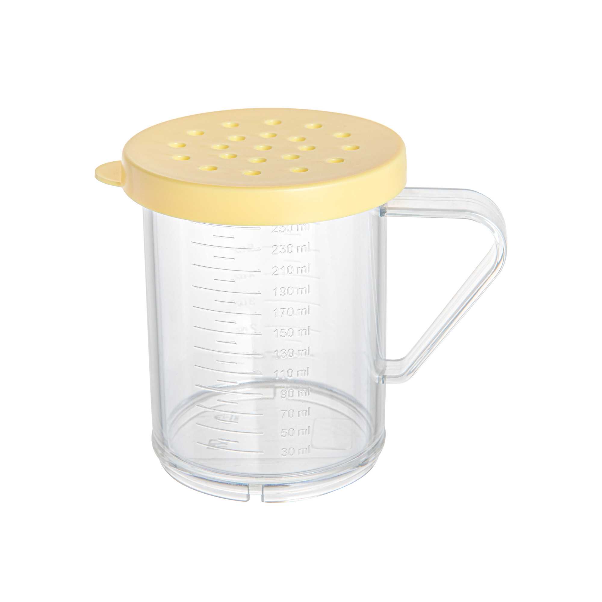 Chef 101 10 oz Clear Polycarbonate Dredge Spice Shaker - with Yellow Coarse Lid - 4 3/4" x 3 1/4" x 4" - 72 count box