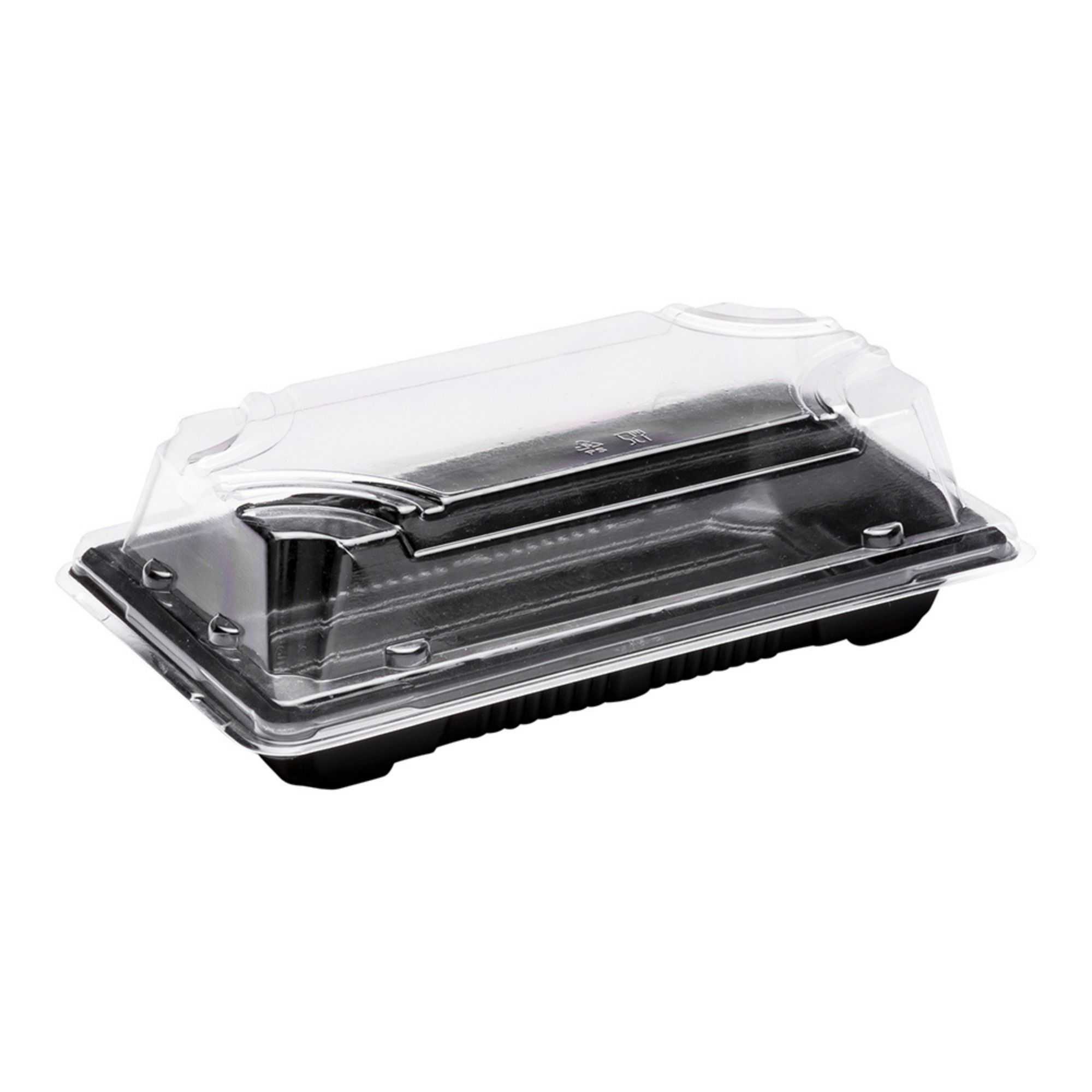 Roku Rectangle Black Plastic Small Take Out Sushi Tray - with Clear Lid - 5 1/2" x 3" x 2" - 100 count box