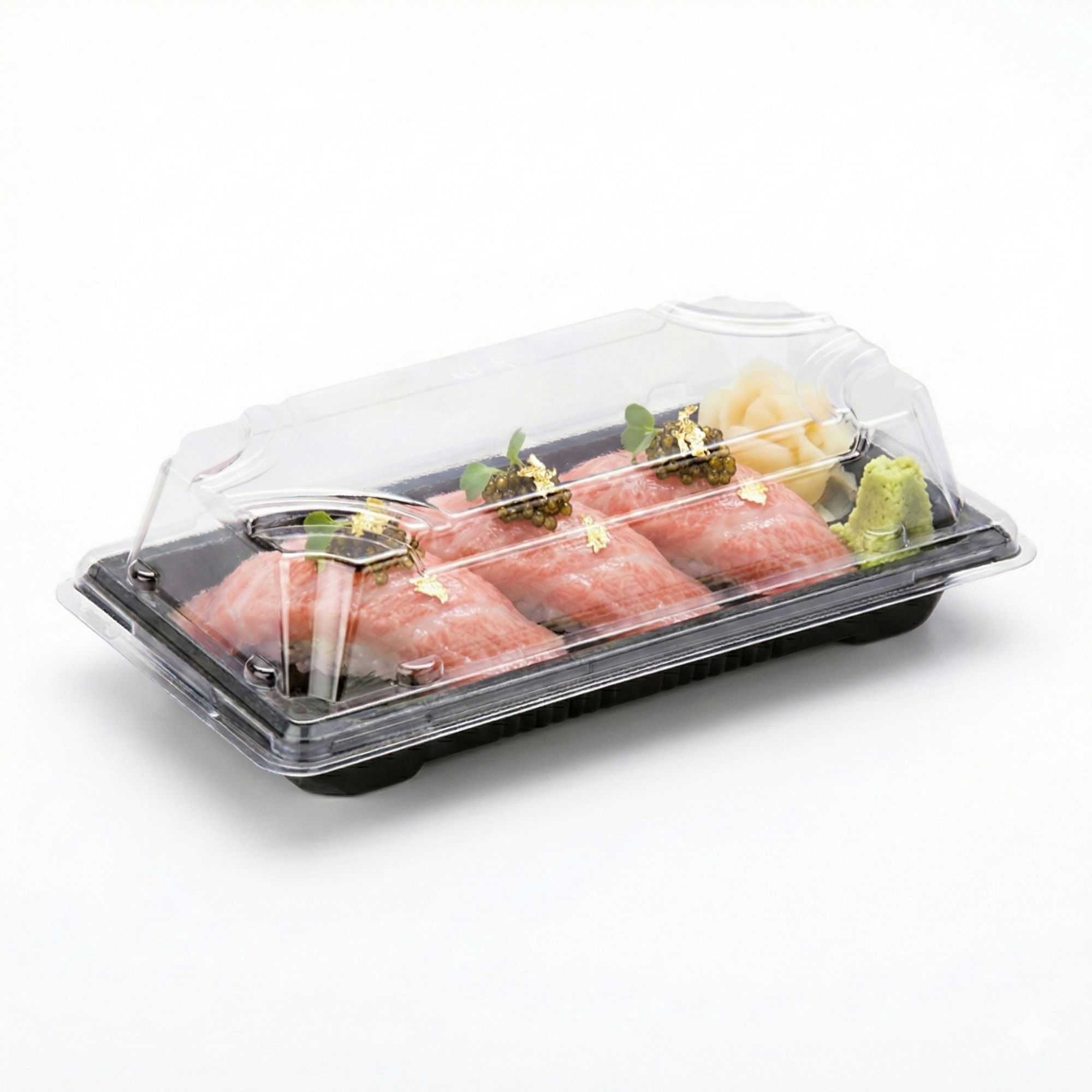 Roku Rectangle Black Plastic Small Take Out Sushi Tray - with Clear Lid - 5 1/2" x 3" x 2" - 100 count box