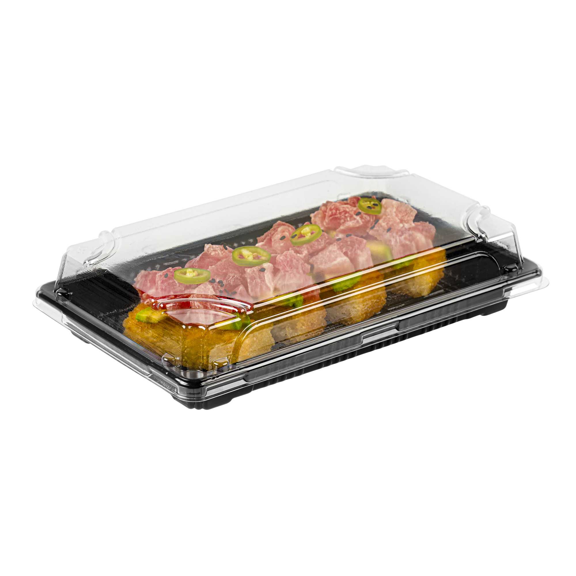 Roku Rectangle Black Plastic Large Take Out Sushi Tray - with Clear Lid - 8 3/4" x 5 1/2" x 2" - 100 count box