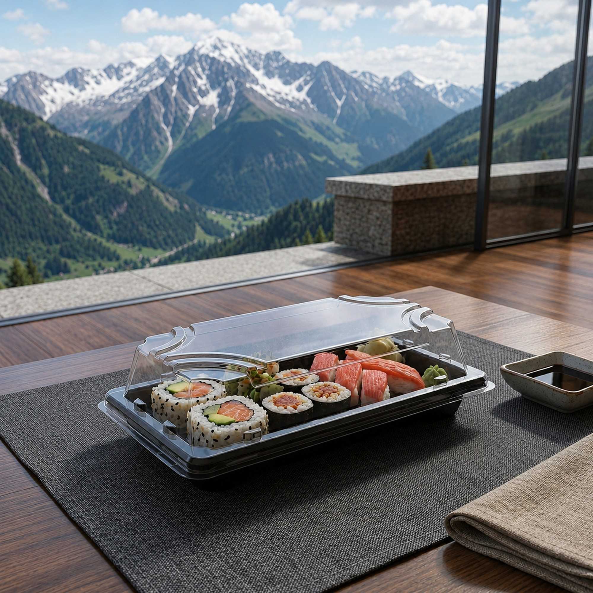 susHi_x出品　本体+100cm幅トレイ2個付属 Roku Rectangle Black Plastic Large Take Out Sushi Tray - with