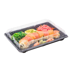 Roku Rectangle Black Plastic Extra Large Take Out Sushi Tray - with Clear Lid - 10 1/4