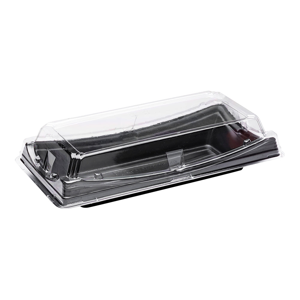 Roku Black Plastic Long Take Out Sushi Container - with Clear Lid - 9 3/4" x 4 3/4" x 2" - 100 count box