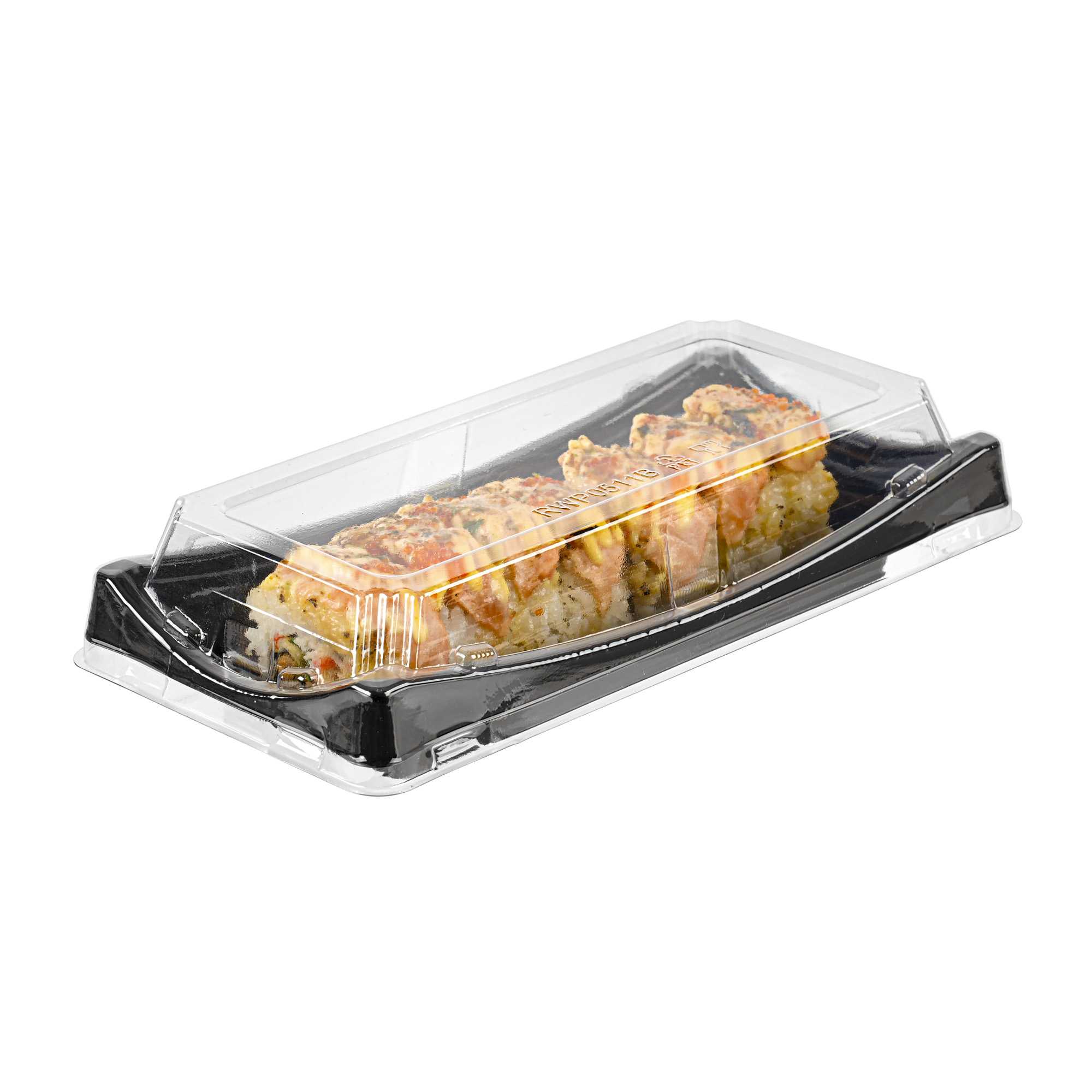 Roku Black Plastic Long Take Out Sushi Container - with Clear Lid - 9 3/4" x 4 3/4" x 2" - 100 count box