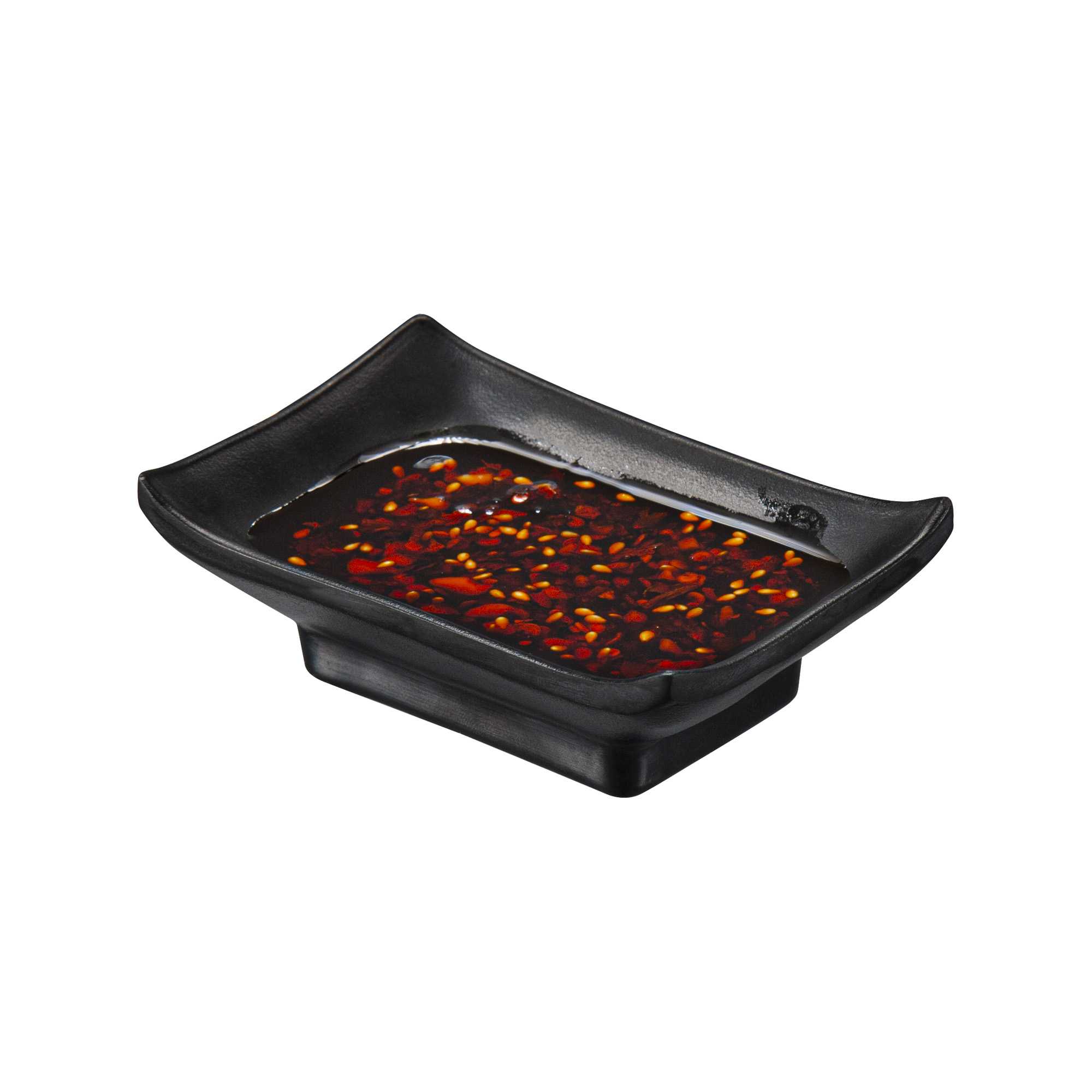Voga 1 oz Rectangle Black Melamine Sauce Dish - Japonais - 4" x 2 1/2" x 1 1/4" - 10 count box