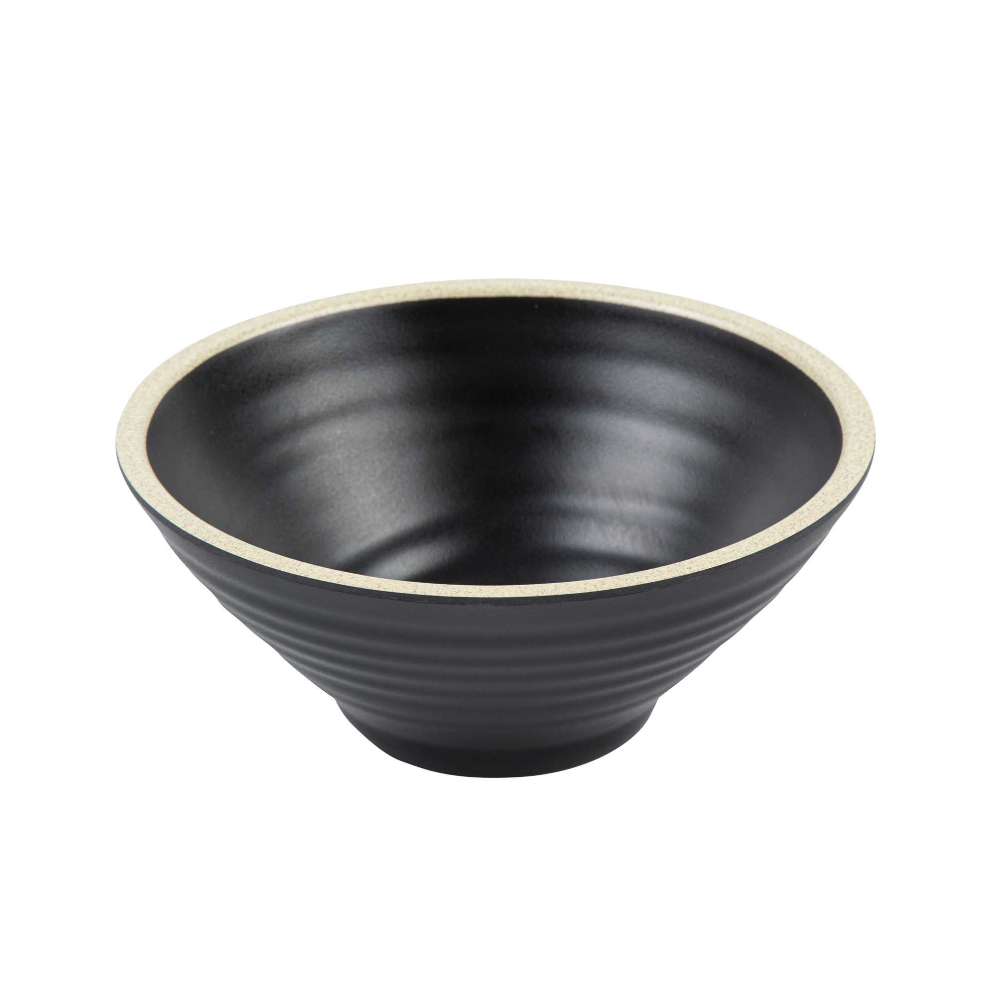 Voga 53 oz Black Melamine Rippled Bowl - Japonais, Faux Granite Rim - 7 1/4" x 7 1/4" x 3" - 64 count box