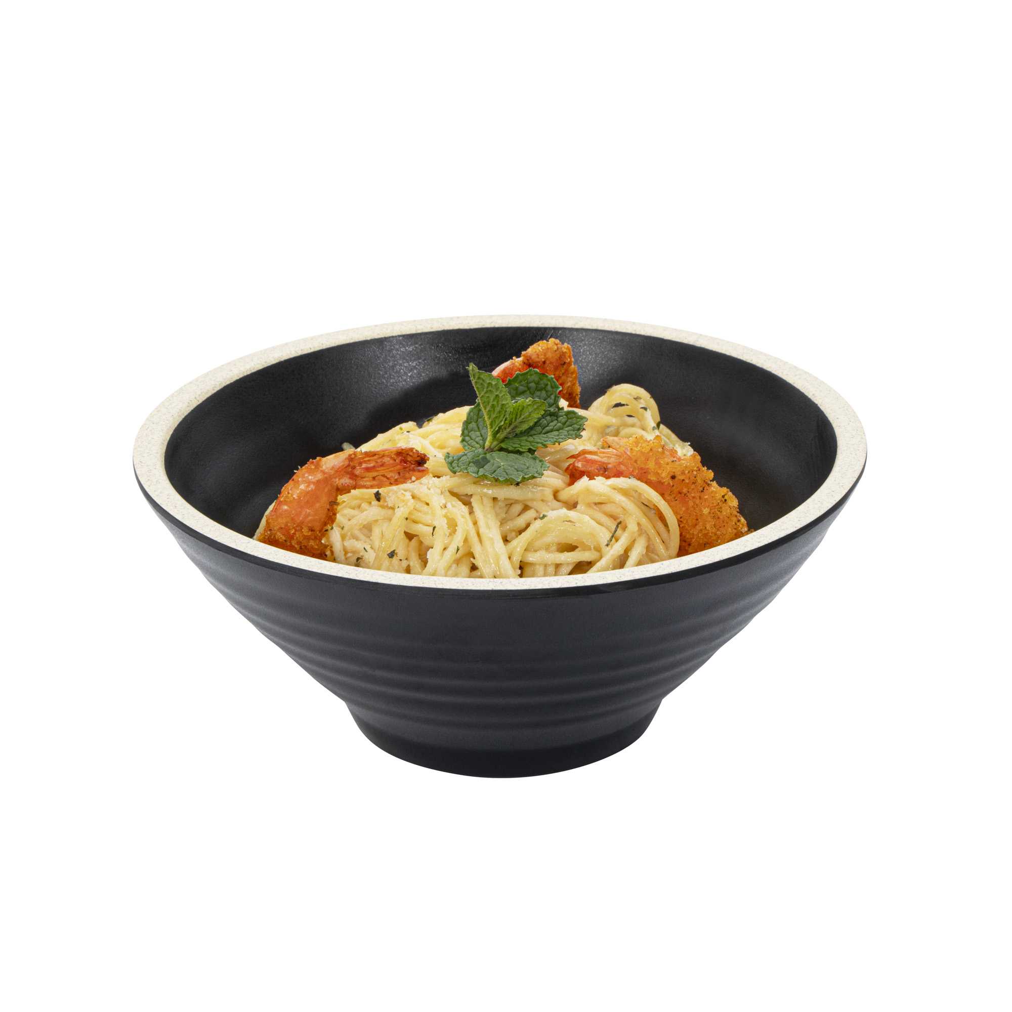 Voga 53 oz Black Melamine Rippled Bowl - Japonais, Faux Granite Rim - 7 1/4" x 7 1/4" x 3" - 64 count box
