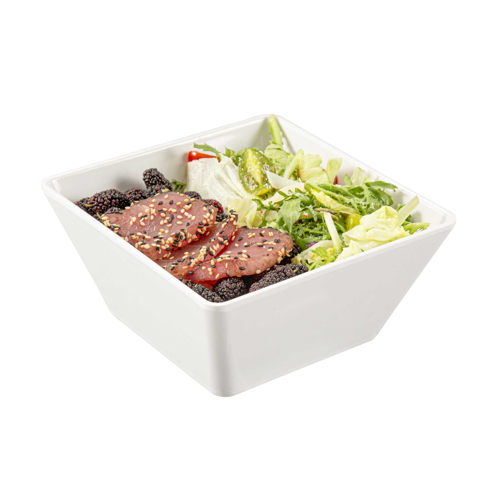 Voga 45 oz Square White Melamine Serving Bowl - Classic - 7" x 7" x 3 1/4" - 40 count box