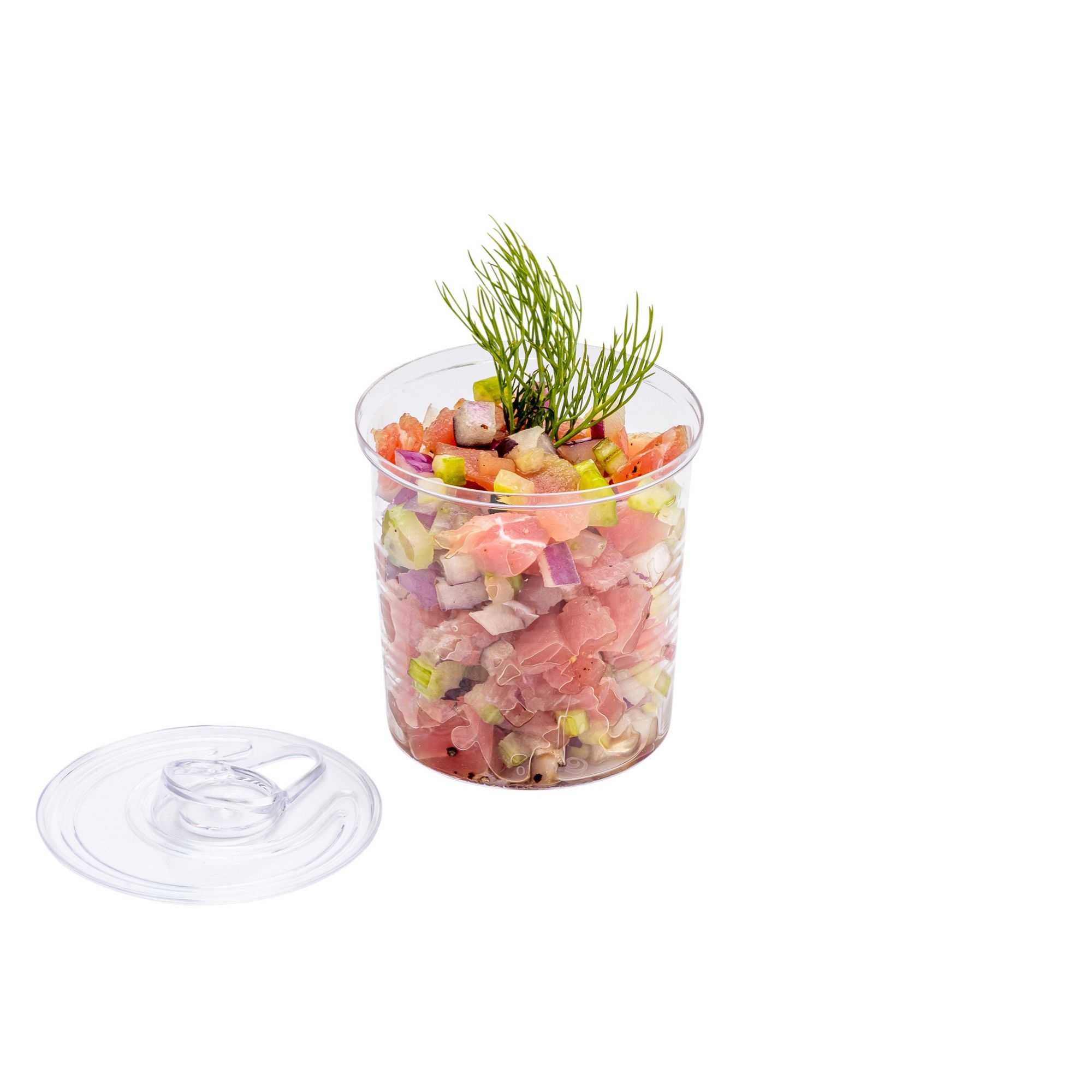 Mini Serve 4 oz Round Clear Plastic Tin Can - with Lid - 2 1/2" x 2 1/2" x 2 3/4" - 100 count box