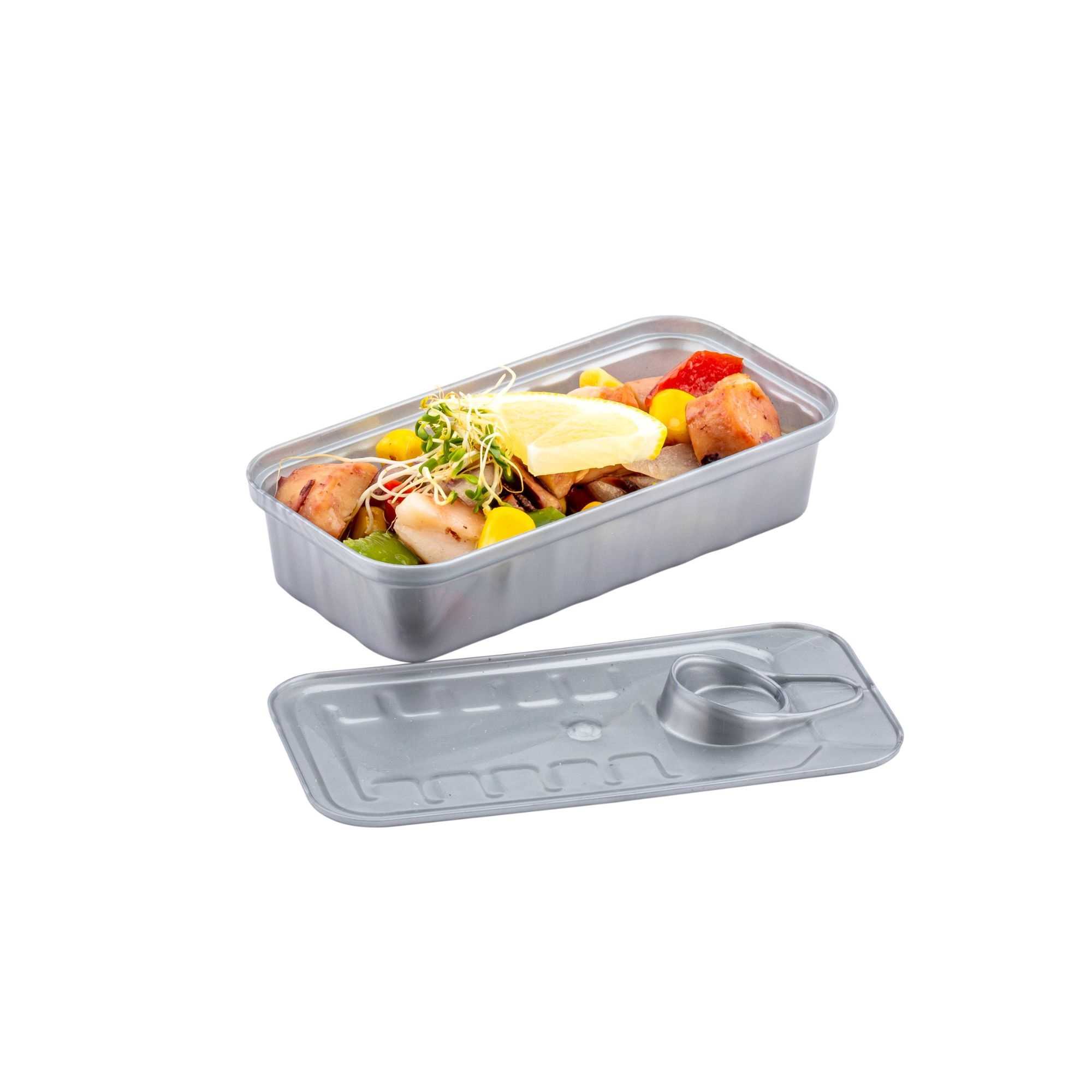 Mini Serve 2 oz Rectangle Silver Plastic Tin Can - with Lid - 4" x 2" x 1" - 100 count box