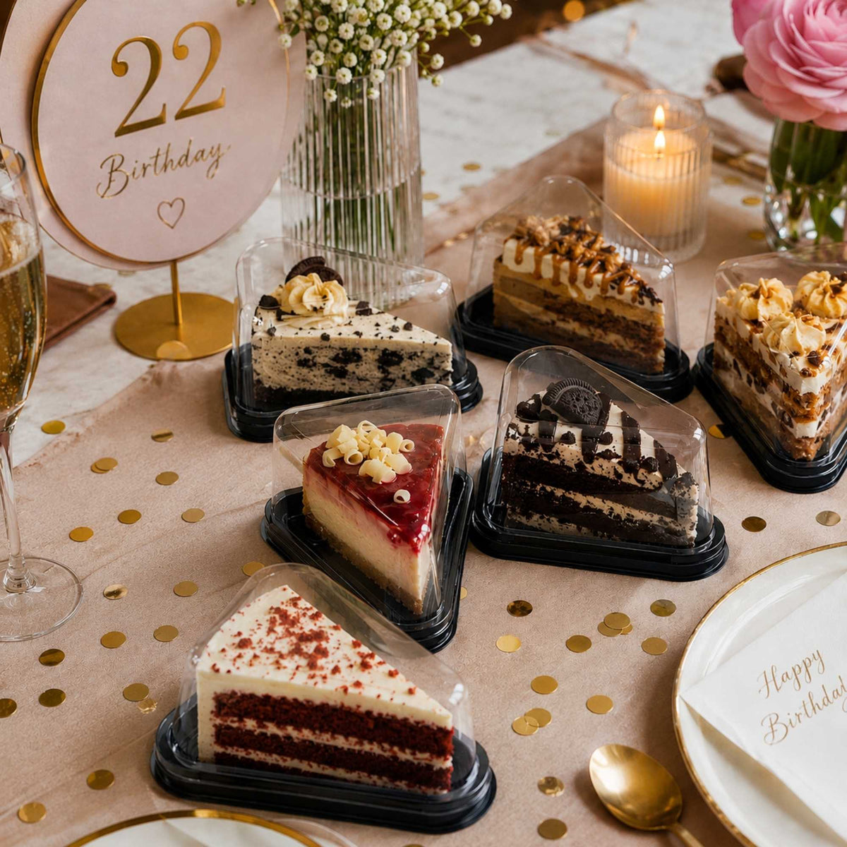 Sweet Vision Triangle Black Plastic Cake / Dessert Tray - with Clear Cover - 5 1/2" x 4" x 3" - 100 count box