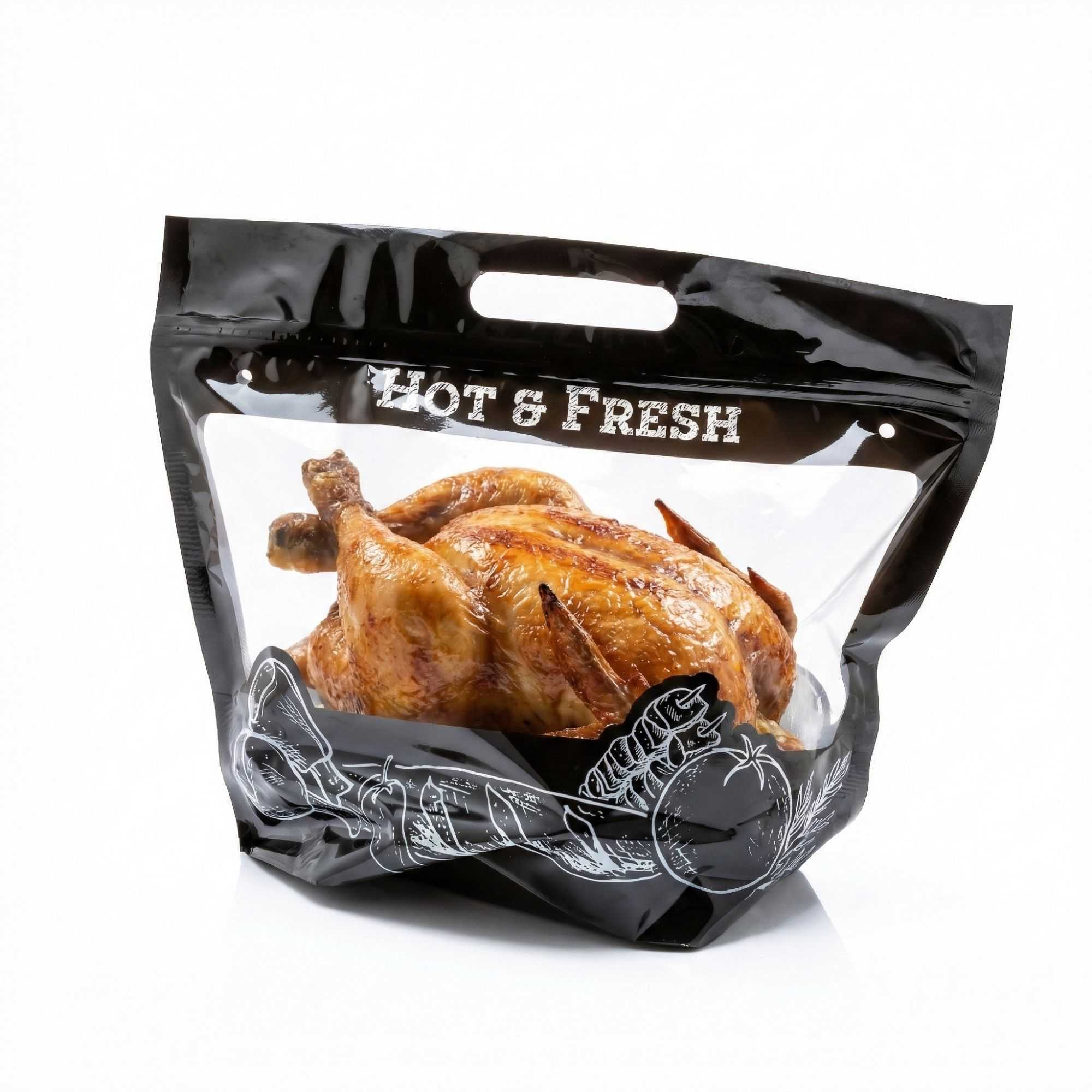 Bag Tek Black Plastic Rotisserie Chicken / Hot Food Bag - Hot & Fresh - 12 3/4" x 5 3/4" x 10 1/4" - 100 count box