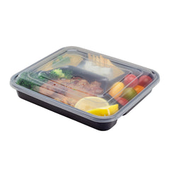 Asporto 34 oz Black Plastic 4 Compartment Food Container - with Clear Lid, Microwavable - 8 3/4