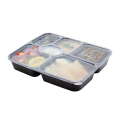 Asporto 53 oz Black Plastic 6 Compartment Food Container - with Clear Lid, Microwavable - 9 3/4