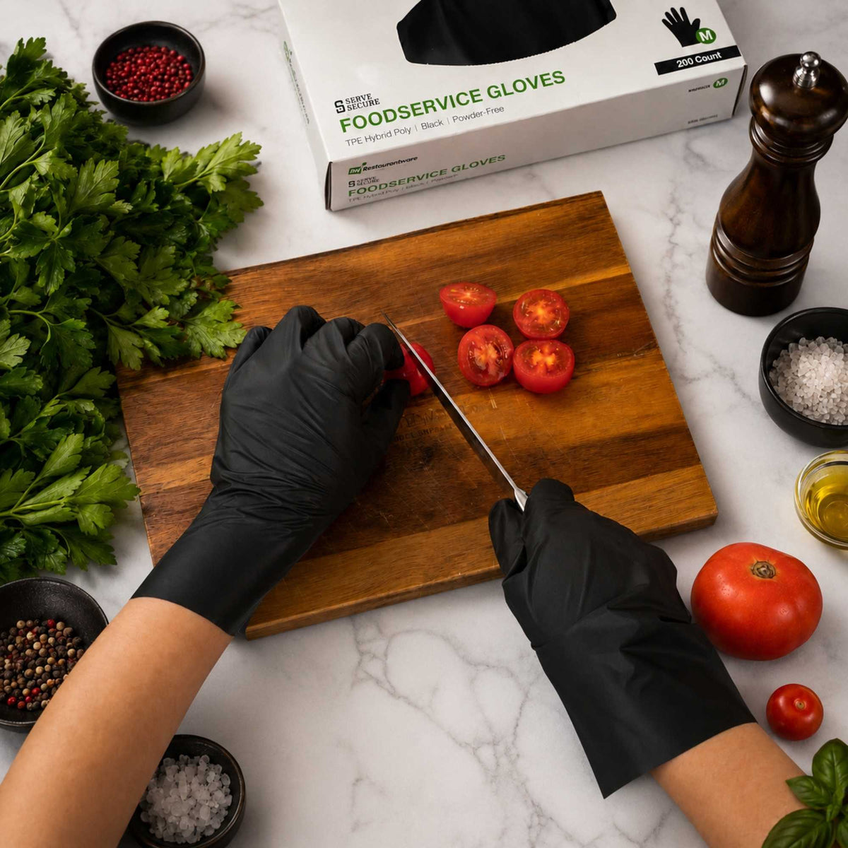 Serve Secure Black TPE Hybrid Plastic Medium Foodservice Gloves - Latex Free, Powder Free - 10 1/4" x 8 1/2" - 1000 count box
