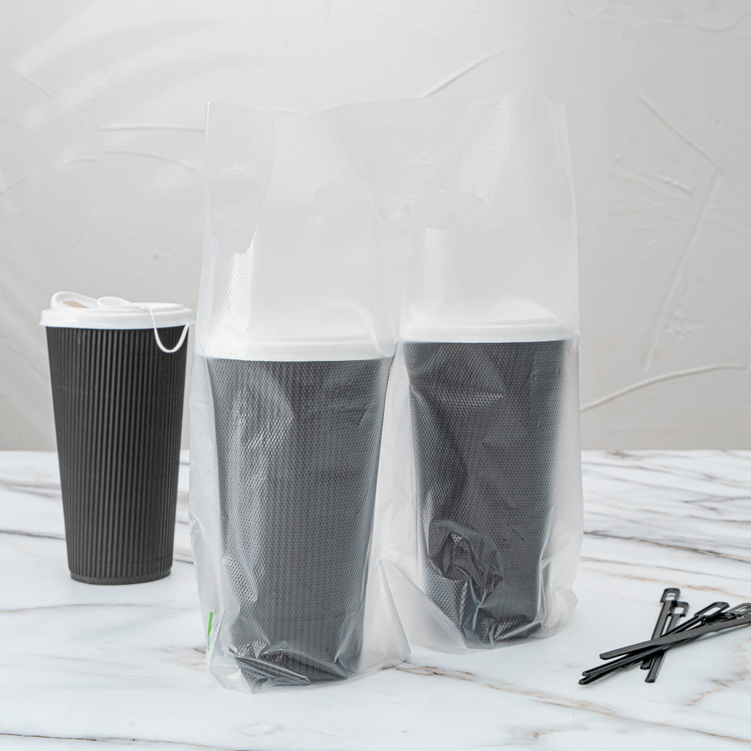 100-Pack 2-Cup Drink Carrier Bags – Clear Plastic Takeout Cup Holders For Coffee/Beverages - MSPC MP2CCB